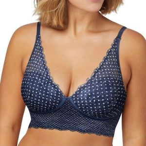Women's Maidenform Wireless Longline Lace Bralette Bra Navy Blue Polka Dot Sheer